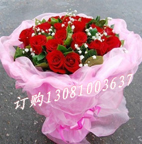 商品详细;19枝红玫瑰 满天星 绿叶丰满 包装：裙边纸 纱网 法式结 圆形高档包装-粉色网纱包装